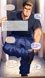 1boy abs bara dilf english english_text facial_hair gay imminent_sex izukonohito male muscular muscular_male pecs stepfather text text_bubble