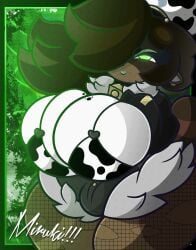1boy 2020s 2025 2d 2d_(artwork) anthro anthro_only bell_collar big_breasts big_thighs bimbo_lips breasts brown_fur brown_hair bulge busty busty_boy cow_print cow_print_bikini cowbell eyebrows eyelashes fishnet_legwear fishnets furry furry_male furry_only green_eyes green_eyeshadow green_lipstick hair_over_one_eye hi_res highres hoodie huge_breasts large_breasts large_thighs looking_at_viewer male mammal miruki_(blepbun) nipple_bulge peace_sign pinup princess_jomes raccoon_dog smile smiling_at_viewer solo solo_male thigh_thighs thighs top_heavy