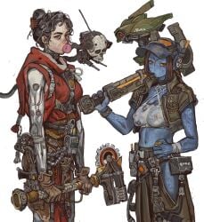 2girls adeptus_mechanicus alien alien_girl blue_body blue_skin imperium_of_man looking_at_viewer mossa mossacannibalis pistol prosthetic prosthetic_arm science_fiction skull tau tomboy warhammer_(franchise) warhammer_40k