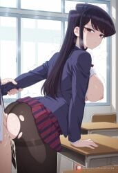 1boy ai_generated arm_grab arm_held_back arm_support artist_name ass bent_over black_eyes black_hair black_pantyhose blazer blue_jacket blush bow bowtie breasts breasts_out chair classroom closed_mouth clothed_sex clothes_lift collared_shirt cum cum_in_pussy cum_overflow desk diagonal-striped_clothes doggy_style emotionless_sex empty_eyes expressionless female from_side high_heels high_quality high_resolution highres indoors jacket kobenibeni komi-san_wa_komyushou_desu komi_can't_communicate komi_shouko komi_shuuko large_breasts long_hair long_sleeves looking_at_viewer looking_back miniskirt motion_lines nipples no_bra open_clothes open_jacket open_shirt pantyhose patreon_logo patreon_username penis pleated_skirt purple_eyes red_skirt school school_chair school_desk school_uniform sex sex_from_behind shirt shirt_lift skirt skirt_lift solo_focus standing standing_sex straight striped_clothes striped_skirt sweat swept_bangs thighband_pantyhose thighs torn_clothes torn_pantyhose trembling uniform vaginal_penetration web_address white_shirt window