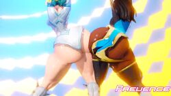 2girl arms_up artist_name ass-to-ass ass_jiggle black_hair blonde_hair booty_bump dark_skin emma_frost emma_frost_(marvel_rivals) indian indian_female jiggle large_breasts marvel marvel_rivals mp4 music music_video overwatch prevence short_hair signature symmetra tagme thick_thighs thigh_jiggle video