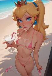 ai_generated beach bikini blonde_hair blue_eyes blue_hair_tie cocktail crown cum_cocktail cum_drinking cum_dripping_from_mouth cum_in_glass cum_in_mouth cum_string holding_glass holding_used_condom micro_bikini nintendo pink_bikini pink_eyeshadow pink_lipstick pink_nails princess_peach super_mario_bros. used_condom used_condoms