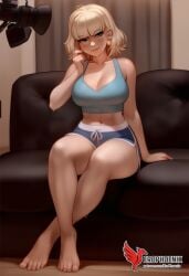 1girls 2d ai_generated ass baby_blue_clothing bangs bare_shoulders barefoot big_ass big_breasts blonde_hair blue_eyes blue_shorts blunt_bangs breasts couch disney_xd dolphin_shorts earrings erophoenix feet female female_focus full_body huge_breasts jackie_lynn_thomas jewelry looking_at_viewer midriff navel nude pale_skinned_female patreon_username short_hair shorts sitting smile solo solo_female star_vs_the_forces_of_evil teal_eyes thick thick_thighs toes