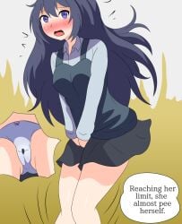 1girls ass_visible_through_thighs blue_eyes blush bow bow_panties breasts english_text hand_between_legs have_to_pee izu95 leaking looking_at_viewer open_mouth original skirt solo stained_panties sweat tongue wet wet_panties
