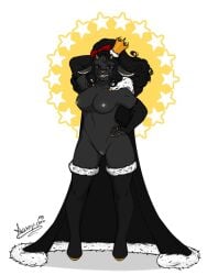 artist_signature black_fur black_hair black_legwear black_sheep black_wool breasts breasts_out cape ewe female functionally_nude functionally_nude_female furry furry_female fursona golden_rings high_heel_boots naked naked_female oc posing ring_(jewelry) samychan self_insert sheep sheep_girl sheep_horns simple_background smiling_at_viewer smirking_at_viewer tagme tagme_(artist) tagme_(character)