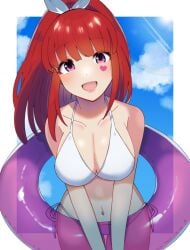 alternate_costume bad_id bad_pixiv_id bikini blunt_bangs breasts cleavage commentary_request earrings female fingernails gnosia hair_bun halterneck heart heart_earrings heart_tattoo high_ponytail innertube jewelry large_breasts lipstick long_sleeves looking_at_viewer makeup nail_polish pink_eyes ponytail red_hair riki_(inushima_) side-tie_bikini_bottom single_hair_bun sky solo sq_(gnosia) star_(symbol) string_bikini swim_ring swimsuit tattoo upper_body white_bikini
