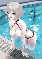 ... after_fellatio ahoge bikini black_bikini black_choker breasts choker cum cum_in_mouth cum_on_body cum_on_tongue expressionless facial fate/grand_order fate_(series) female grey_hair hair_between_eyes halterneck highres jeanne_d'arc_alter_(fate) jeanne_d'arc_alter_(swimsuit_berserker)_(fate) large_breasts long_hair nipples o-ring poolside rlity short_hair solo spoken_ellipsis swimsuit teeth thighs time_stop tongue tongue_out upper_teeth_only wading water yellow_eyes
