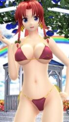 1girls 2023 3d bikini blue_eyes_female blue_flower breast breasts clavicle cleavage clouds female female_only flowers garden green_bowtie hati_yukkuri_mmd hips hong_meiling jpeg light-skinned_female long_hair_female looking_at_viewer midriff mmd navel outdoors rainbow red_bikini red_hair_female sky solo_female swimsuit tied_hair touhou waist youkai