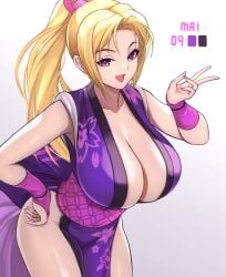 1girls 2d big_breasts blonde_hair breasts cleavage digital_media ema_(emaura) fatal_fury female female_only floral_print high_ponytail huge_breasts large_breasts looking_at_viewer mai_shiranui official_alternate_color oppai ponytail purple_eyes revealing_clothes shiranui_mai snk solo street_fighter street_fighter_6 voluptuous voluptuous_female