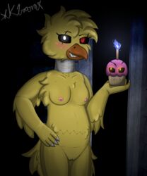 2018 animatronic anthro avian bird blush digital_media_(artwork) female five_nights_at_freddy's five_nights_at_freddy's_4 looking_at_viewer machine nightmare_chica_(fnaf) nipples nude pussy robot simple_background smile solo video_games xk1rarax