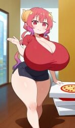 ai_generated curvy delivery_girl huge_breasts ilulu_(dragon_maid) miss_kobayashi's_dragon_maid pink_eyes pink_hair pizza shortstack