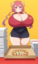 ai_generated curvy delivery_girl huge_breasts ilulu_(dragon_maid) miss_kobayashi's_dragon_maid pink_eyes pink_hair pizza shortstack