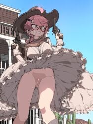 ahoge blue_sky blush breasts cactus censored clothes_lift cloud counter:side cowboy_hat day dress dress_lift female frilled_dress frills from_below glasses green_eyes gun hair_ornament handgun happening18 hat highres holding holding_gun holding_weapon large_breasts no_panties open_mouth outdoors pink_hair pussy rail_a revolver round_eyewear short_hair sky solo sylvia_lena_cooper thighs weapon