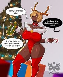 1girls 2d anthro big_breasts big_thighs big_titties breasts brown_fur christmas christmas_clothing christmas_outfit clothing curvaceous curvaceous_female curvaceous_figure curvy curvy_figure curvy_hips deer deer_girl digital_media female female_only furry furry_female furry_only looking_at_viewer mr_mapache original original_character short_hair solo talking_to_viewer text text_bubble yellow_hair