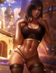 abs blizzard_entertainment breasts cameltoe cleavage crop_top dark-skinned_female dark_skin female female_only logan_cure looking_at_viewer navel nipples nipples_visible_through_clothing overwatch panties pharah pussy_juice pussy_juice_string see-through solo sweat tagme temple_of_anubis_(map) thighhighs