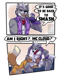 2018 anthro ball_fondling balls canine cigar duo fondling fox fox_mccloud humanoid_penis male male_only mammal nintendo penis smoking soraawoolf star_fox video_games wolf wolf_o'donnell yaoi