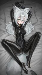 absurdres animal_ear_fluff animal_ears blue_eyes bodysuit breasts collar commentary english_commentary female fox_ears fox_girl fox_tail green_eyes heterochromia highres impossible_bodysuit impossible_clothes large_variant_set latex latex_bodysuit leotard lock long_hair looking_at_viewer medium_breasts open_mouth original restrained saaal653 skin_tight spread_legs tail variant_set very_long_hair