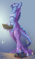 2017 4_toes anthro aquatic_dragon claws digital_media_(artwork) dragon erection feet foot_focus lying male male_only nude paws penis pinned ribbed_penis scalie simple_background smile standing_on talan_(talan_strider) tenaflux toe_claws toes