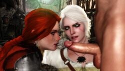 2girls 3d braid cd_projekt_red cerys_an_craite ciri clothing female freckles green_eyes imminent_oral light-skinned_female light-skinned_male male mascara penis ratounador red_hair scar testicles the_witcher_(series) the_witcher_3:_wild_hunt white_hair witcher_medallion