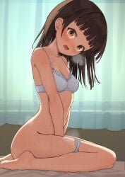 absurdres blush breasts brown_eyes brown_hair caught cleavage eyebrows_hidden_by_hair female female_masturbation from_side full-face_blush full_body heavy_breathing highres itsuki_nofuji looking_at_viewer lower_teeth_only masturbation medium_breasts medium_hair on_bed open_mouth original panties panty_pull sitting solo steaming_body sweat teeth underwear underwear_only wariza