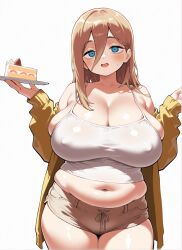 1girls ai-created bare_shoulders blue_eyes bursting_breasts cake_slice camisole cardigan cleavage collarbone constricted_pupils erect_nipples_under_clothes exposed_midriff hair_between_eyes hands_up holding_plate light_brown_hair long_hair off_shoulder open_mouth overweight_female plump short_shorts simple_background smutma solo_female solo_focus spaghetti_strap standing sweatdrop tareme tensor.art tensor_art tight_fit white_background