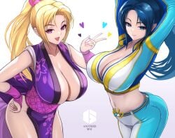 2girls blonde_hair breasts cleavage ema_(emaura) fatal_fury fatal_fury:_city_of_the_wolves floral_print high_ponytail large_breasts looking_at_viewer mai_shiranui official_alternate_color ponytail purple_eyes revealing_clothes shiranui_mai street_fighter street_fighter_6