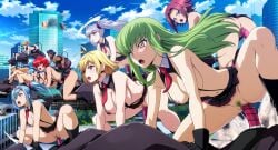 6+girls aircraft blonde_hair blue_hair blue_sky breasts building c.c. cagalli_yula_athha censored change_in_common_sense character_request cloud code_geass commentary_request crossover daiaru dark-skinned_female dark_skin day female_ejaculation female_pubic_hair glider green_hair grey_hair kouzuki_kallen large_breasts medium_breasts microskirt mind_control mosaic_censoring multiple_girls necktie nipples object_insertion outdoors pubic_hair purple_hair pussy pussy_juice red_hair red_necktie riding skirt sky super_robot_wars suspender_skirt suspenders twintails v-shaped_eyebrows vaginal_object_insertion vaginal_penetration yellow_eyes