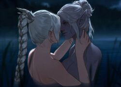 2girls baldur's_gate baldur's_gate_3 drow dungeons_and_dragons elf_ears fanart lake lesbian looking_at_another minthara moon night nude_female partially_submerged pointy_ears shadowheart vivi_llain yuri