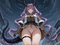 ai_generated arknights from_below horns long_hair night panties pantyshot pink_eyes purple_hair sarkaz skirt typhon_(arknights) typhon_(northern_pathfinder)_(arknights) white_panties