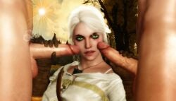 2boys 3d cd_projekt_red ciri clothing female freckles green_eyes imminent_oral light-skinned_female light-skinned_male looking_at_viewer male mascara penis penis_grab ratounador scar the_witcher_(series) the_witcher_3:_wild_hunt white_hair witcher_medallion