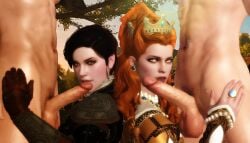 2boys 2girls 3d anna_henrietta black_hair blonde_hair cd_projekt_red clothing crown earrings female freckles licking_penis light-skinned_female light-skinned_male looking_at_viewer male mascara oral oral_sex penis ratounador syanna testicles the_witcher_(series) the_witcher_3:_wild_hunt