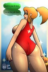 2025 2d 2d_(artwork) 2d_artwork artist_logo artist_name beanontoast blonde_hair female five_nights_at_freddy's five_nights_at_freddy's:_security_breach green_eyes lifeguard lifeguard_swimsuit light-skinned_female looking_back_at_viewer nice_ass purple_nails solo thick_thighs vanessa_(fnaf)