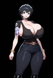 1female 1girls 2d 2d_(artwork) ai_generated artist_request big_breasts big_hips big_thighs black_hair breasts choker clothing doll_(one_piece) female female_focus female_only goth hips massive_breasts one_piece shiny_skin simple_background simple_coloring solo solo_focus spiked_collar spikes standing voluptuous voluptuous_female