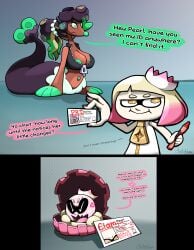 2girls big_zipper chabble clamperl crayon dark_skin id_card marina_(splatoon) pale_skin pearl_(splatoon) pokemon pokemon_(species) primarina seal splatoon splatoon_(series) tagme tentacle tentacle_hair transformation
