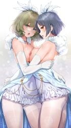 2girls asymmetrical_docking backless_dress backless_outfit bare_shoulders black_hair blush breast_press breasts clothes_pull covered_navel dress dress_pull elbow_gloves feather_boa feather_hair_ornament feathers female gloves green_eyes green_hair hair_ornament hayami_kanade highres idolmaster idolmaster_cinderella_girls large_breasts looking_at_viewer medium_breasts medium_hair mk_(mod0) mole mole_under_eye multiple_girls nipples open_mouth panties pantyhose purple_dress simple_background takagaki_kaede thighband_pantyhose underwear white_background white_gloves white_panties white_pantyhose yellow_eyes yuri