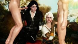 2boys 2girls 3d balls black_hair cd_projekt_red ciri clothing female freckles gloved_handjob gloves green_eyes imminent_oral light-skinned_female light-skinned_male male mascara penis penis_grab purple_eyes ratounador scar testicles the_witcher_(series) the_witcher_3:_wild_hunt white_hair yennefer