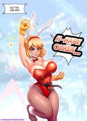 1girls 2d 2d_(artwork) angry angry_face annoyed annoyed_expression artist_name bent_leg blonde_female blonde_hair blue_eyes blush bowtie bunny_tail bunnysuit capcom clothed clothes clothing color colored detailed_background dialogue digital_media digital_media_(artwork) english_text fake_bunny_ears female female_focus female_only fingerless_gloves front_view genderswap_(mtf) gloves hairband hi_res highres ken_masters light-skinned_female light_skin lipstick patreon patreon_username pink_lipstick playboy_bunny red_bowtie red_bunnysuit rule_63 short_hair solo solo_female solo_focus speech speech_bubble standing street_fighter text thick_thighs thighs wide_hips yellow_gloves