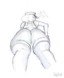 1girls blue_skin cap coryhen_(artist) fat_ass flat_chested freke_(coryhen) grey_skin hand_on_hip huge_ass japanese_text perspective pussy_visible_through_thighs self_upload thick_thighs white_hair