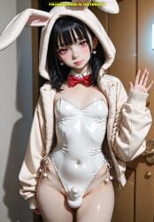 1boy ai_generated balls bikini black_hair bowtie bulge bunny_ears cock_sleeve femboy hips jacket latex looking_at_viewer meybekity otoko_no_ko penis red_eyes trap yaoi