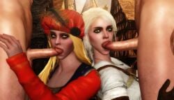 2boys 2girls 3d blonde_hair blowjob cd_projekt_red ciri clothing fellatio female freckles green_eyes hat light-skinned_female light-skinned_male looking_at_viewer male mascara oral oral_sex penis priscilla_(the_witcher) ratounador scar sucking_penis the_witcher_(series) the_witcher_3:_wild_hunt white_hair witcher_medallion