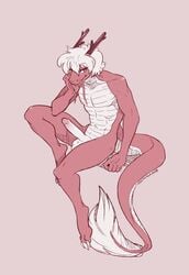 2018 anthro balls barefoot bedroom_eyes caninelove digital_media_(artwork) dragon eastern_dragon erection flesh_whiskers hair half-closed_eyes hi_res horn male male_only nude penis red_scales scales seductive simple_background sitting solo styx_y._renegade white_hair white_scales