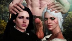 2girls 3d black_hair cd_projekt_red ciri clothing female freckles geralt_of_rivia green_eyes head_grab imminent_oral light-skinned_female light-skinned_male looking_at_viewer male mascara penis penis_grab purple_eyes ratounador scar testicles the_witcher_(series) the_witcher_3:_wild_hunt white_hair yennefer