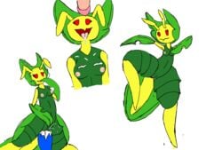 1boy 1girls antennae belly breasts cum cum_on_body cum_on_breasts dildo drooling eyelashes female green_skin half-closed_eyes hand_on_face human insect insertion interspecies leavanny leg_up looking_at_viewer looking_up male mantis masturbation navel nintendo nipples nude open_mouth penis pokemon pokemon_bw pussy pussy_juice red_eyes saliva sex_toy sketch smile spread_legs standing straight thick_thighs tongue tongue_out wet white_background yellow_skin