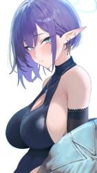 1girls aoi_(blue_archive) artist_request big_breasts blue_archive breasts earrings elf_ears necklace pointy_ears short_hair