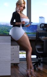 3d 3d_(artwork) aged_up ass bimbo bimbo_body bimbofied blonde_female blonde_hair bracelet breasts business_woman choker cleavage cleavage_overflow clothing desk detailed_background earings eyebrow_piercing fully_clothed gwen_stacy heels high_heels huge_ass huge_breasts human jewelry marvel office office_clothing office_lady ruidx shiny shiny_skin solo solo_female standing stiletto_heels tight_clothing