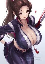 1girls 2d big_breasts breasts brown_hair cleavage collarbone digital_media ema_(emaura) fatal_fury fatal_fury:_city_of_the_wolves female female_only heart huge_breasts large_breasts long_hair looking_at_viewer mai_shiranui oppai ponytail shiranui_mai snk solo the_king_of_fighters voluptuous voluptuous_female