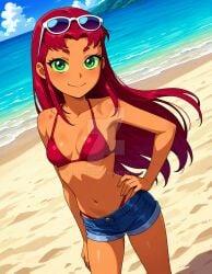 2025 ai_generated beach belly bikini_under_clothes bikini_under_shorts cartoon_network dc_comics dc_super_hero_girls dcau deviantart elryusam green_eyes hand_on_hip meta not_porn orange_body orange_skin red_bikini red_eyebrows red_hair short_jeans starfire_(teen_titans) sunglasses_on_head teen_titans tummy white_sunglasses
