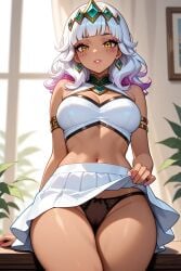 ai_generated cute cute_face dark_skin dark_skinned_female fit_female league_of_legends orange_eyes qiyana_yunalai riot_games skinny_girl white_hair white_shirt white_skirt white_top
