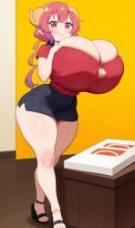 ai_generated curvy delivery_girl huge_breasts ilulu_(dragon_maid) miss_kobayashi's_dragon_maid pink_eyes pink_hair pizza shortstack