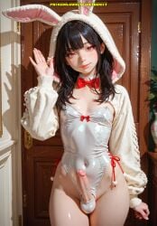 1boy ai_generated arm_warmers ball_pouch balls bikini black_hair bowtie bulge bunny_ears bunnysuit erection femboy flat_chest hand_raised hips latex looking_at_viewer meybekity otoko_no_ko penis red_eyes sweater trap yaoi